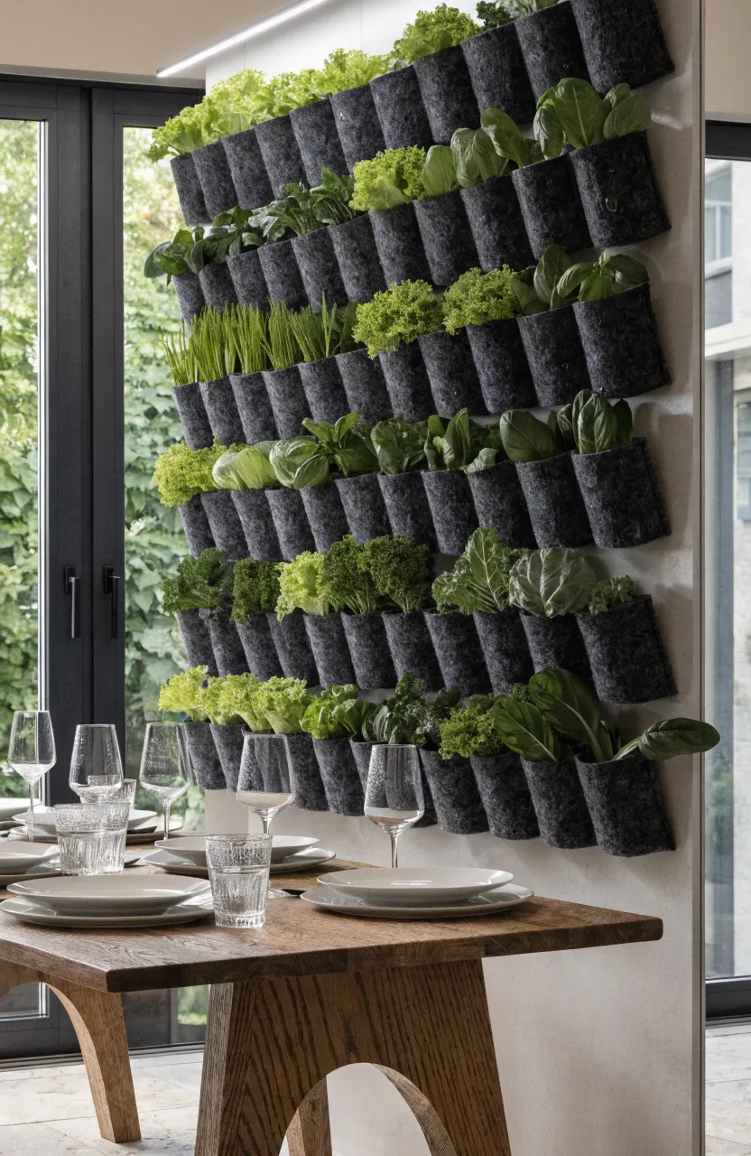A vertical wall garden with felt pockets growing fresh lettuce and herbs in a modern dining room.