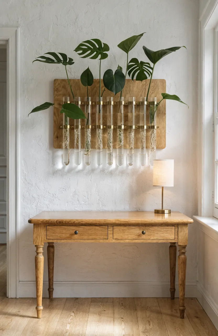 Glass propagation tubes mounted on an oak board, showing plant cuttings with roots growing in water.
