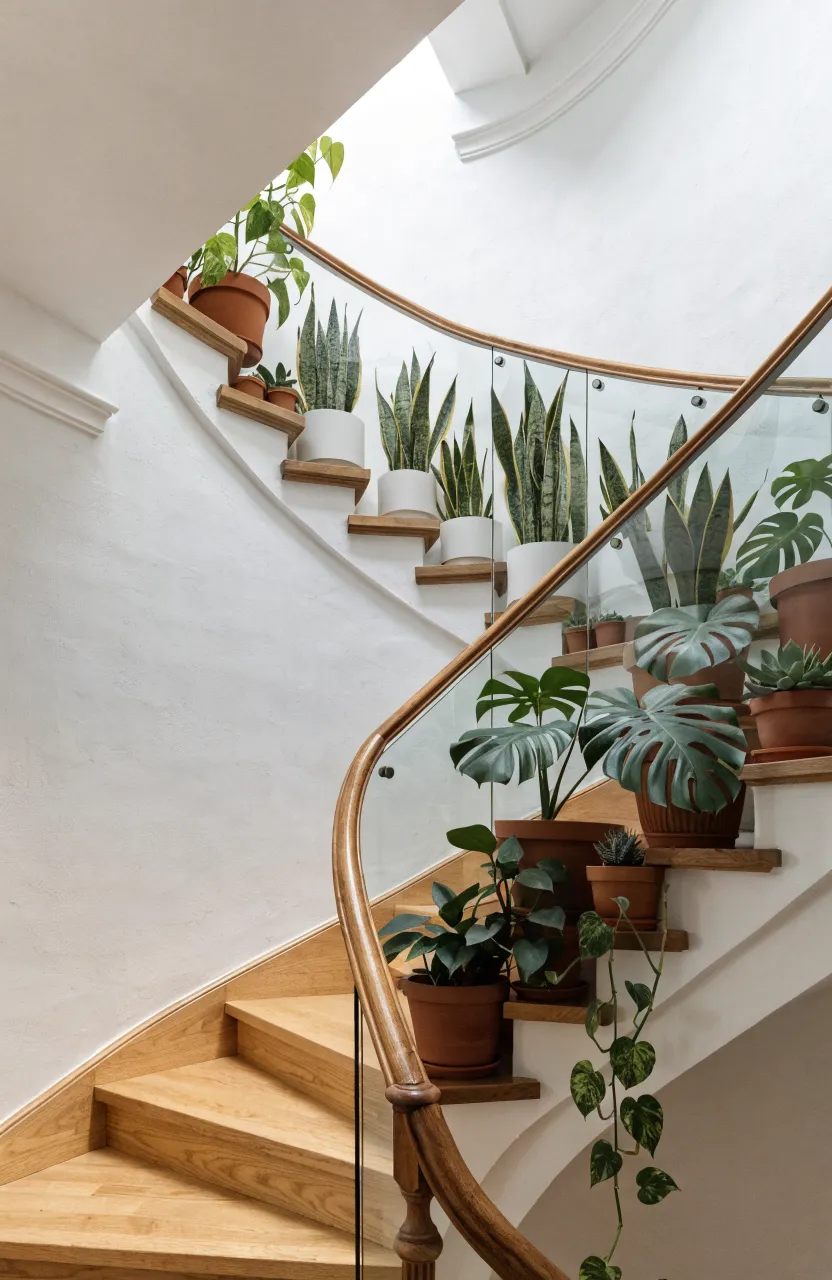 A modern white staircase featuring staggered wooden floating shelves filled with various green indoor plants.