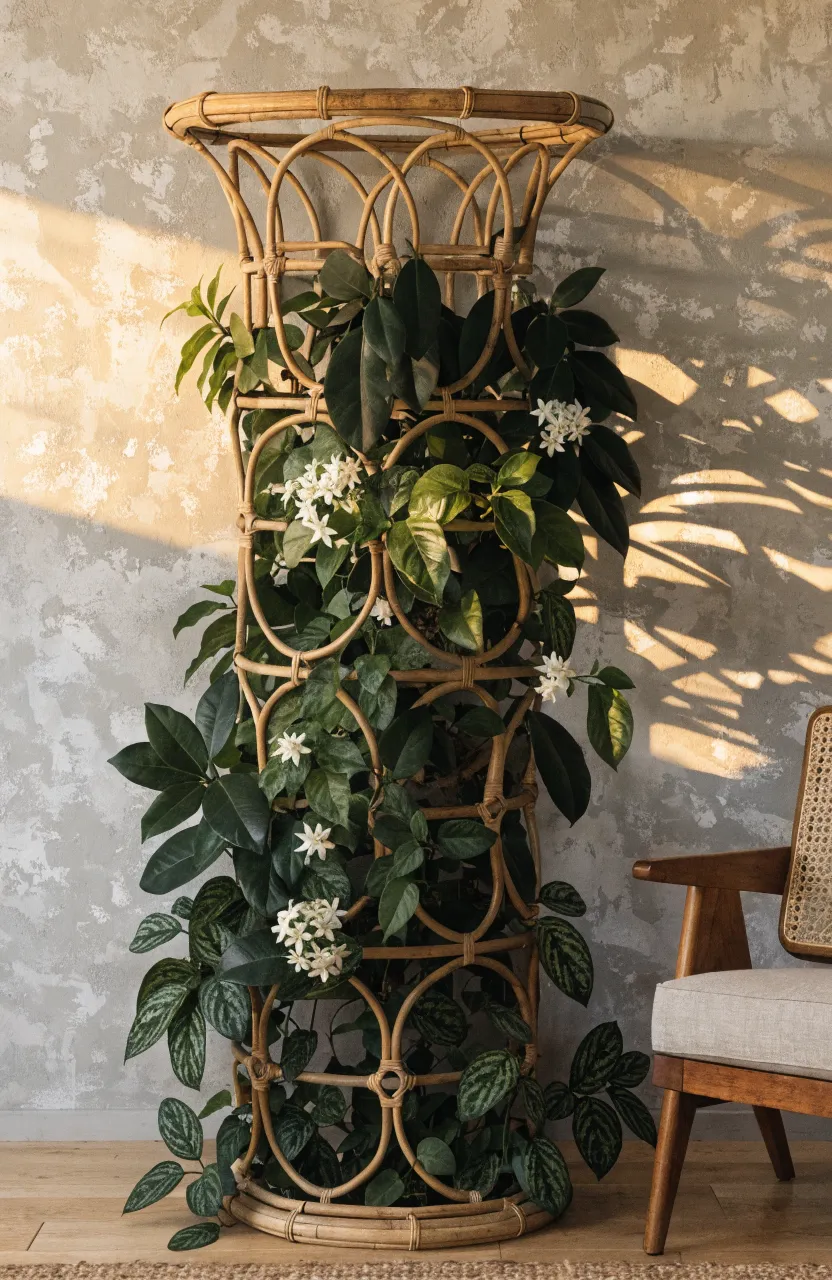 A natural bamboo trellis leaning against a wall with green climbing vines weaving through the frame.