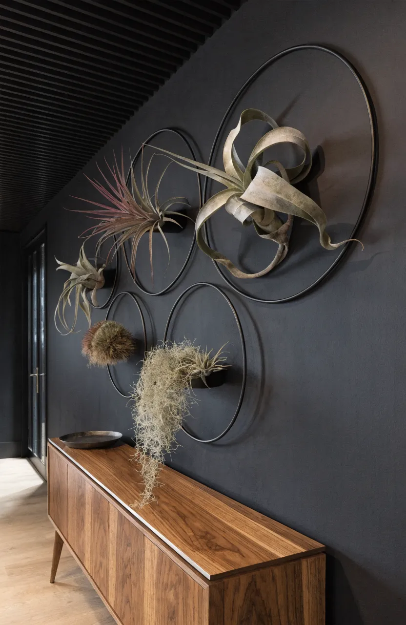 Minimalist black metal hoops mounted on a dark wall holding various silver-green air plants.