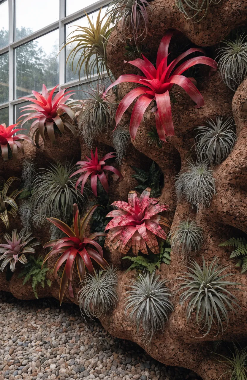 A textured cork wall featuring colorful bromeliads and air plants pinned directly to the surface.