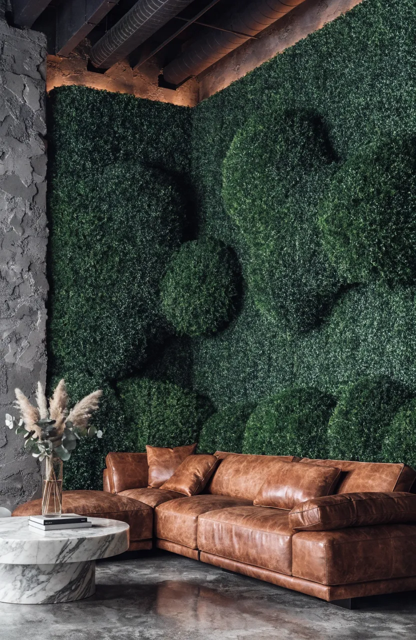 A dense, vibrant green faux boxwood panel wall in a modern basement with a leather sofa.