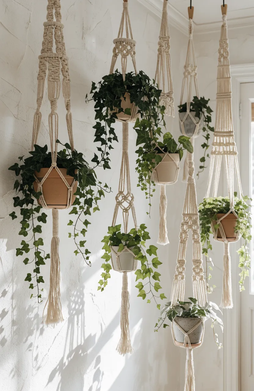 Several white macramé plant hangers with trailing green ivy hanging against a white wall.