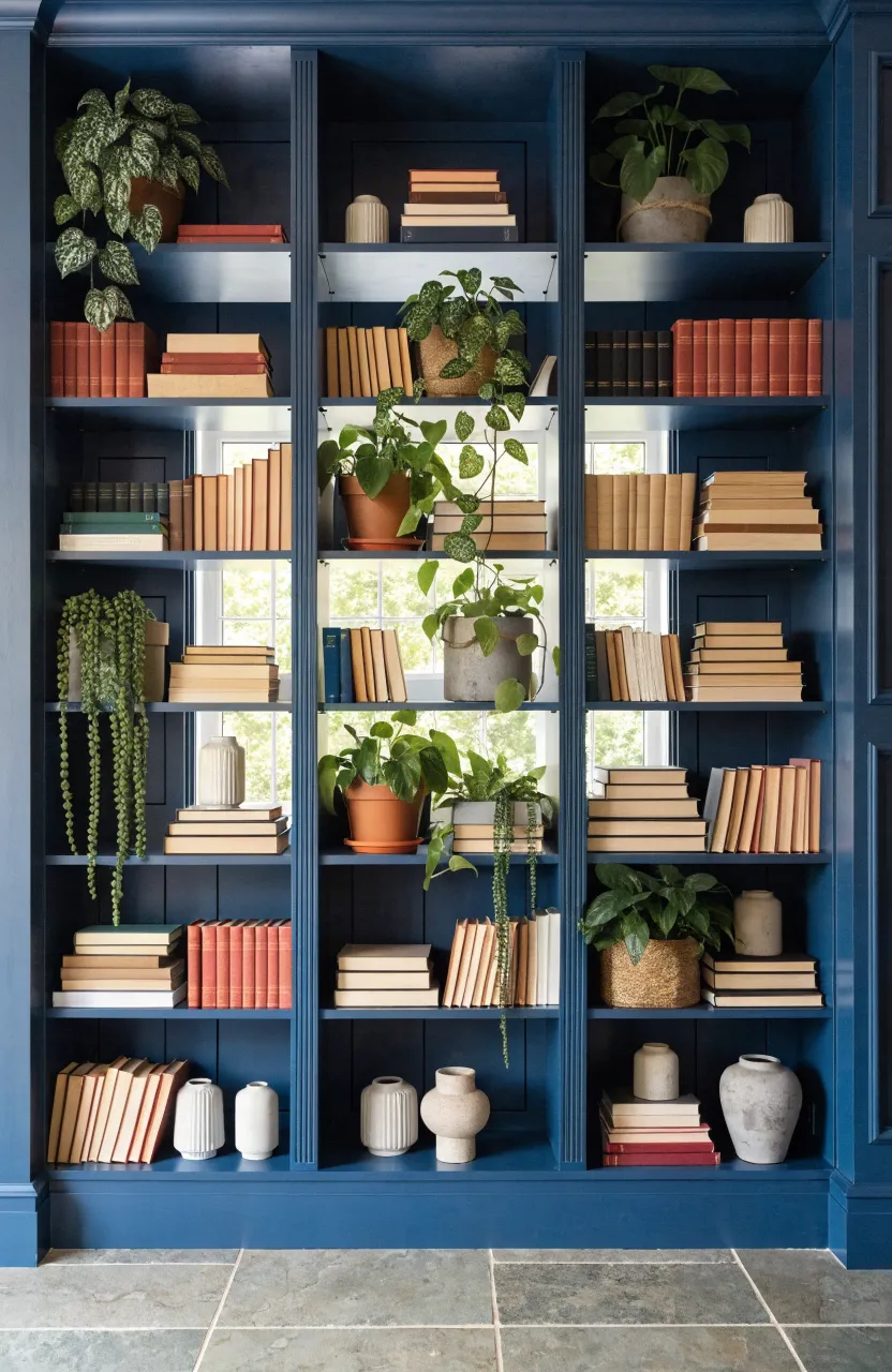 A large dark blue bookshelf filled with books and long trailing green plants cascading down the shelves.