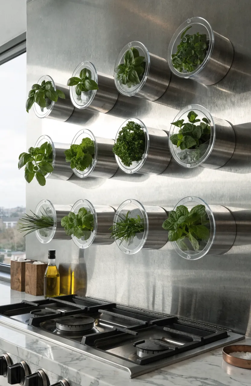 A modern kitchen featuring a magnetic metal backsplash with herb-filled tins.