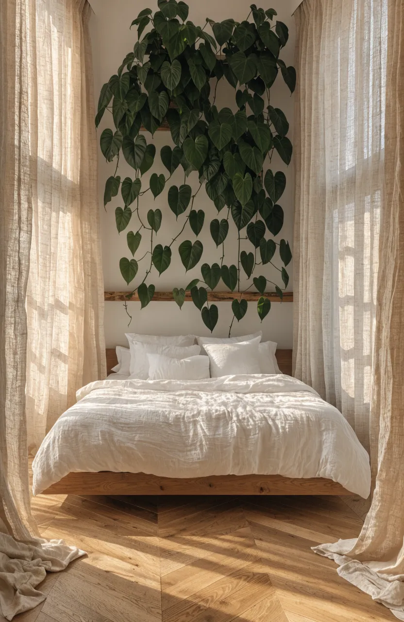 A peaceful bedroom with Heartleaf Philodendron vines trailing over a wooden shelf.