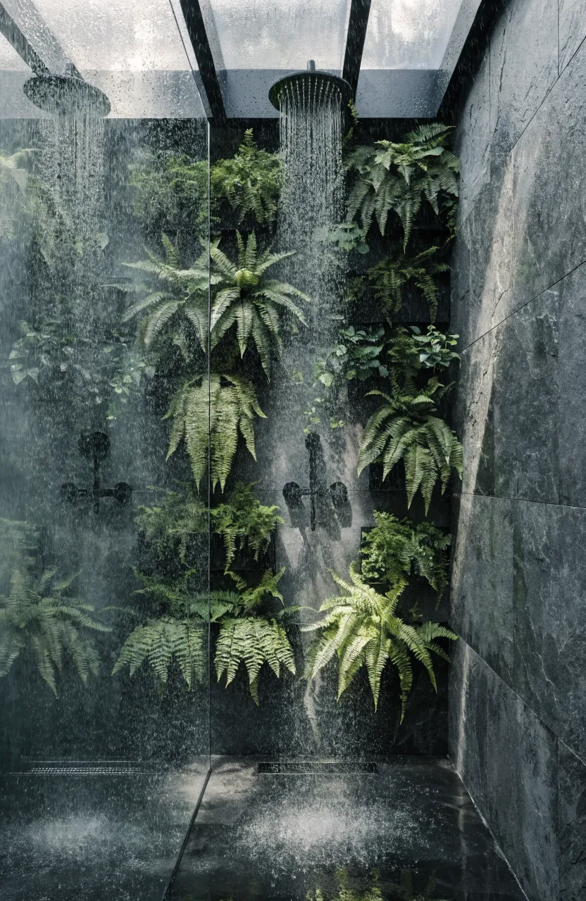 Lush green ferns mounted on a slate-tiled bathroom wall near a modern shower.