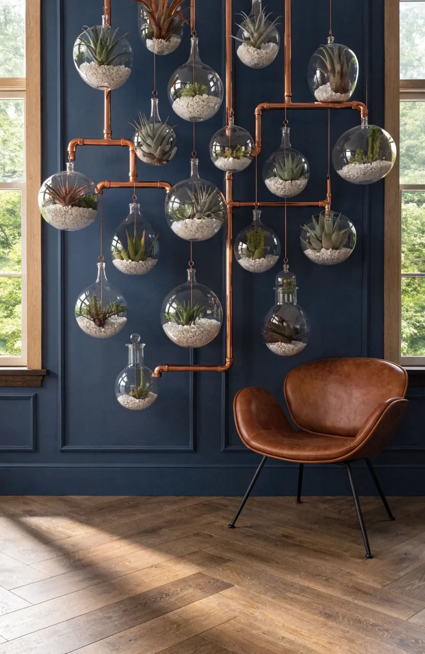 A geometric copper pipe frame with hanging glass terrariums against a navy wall.