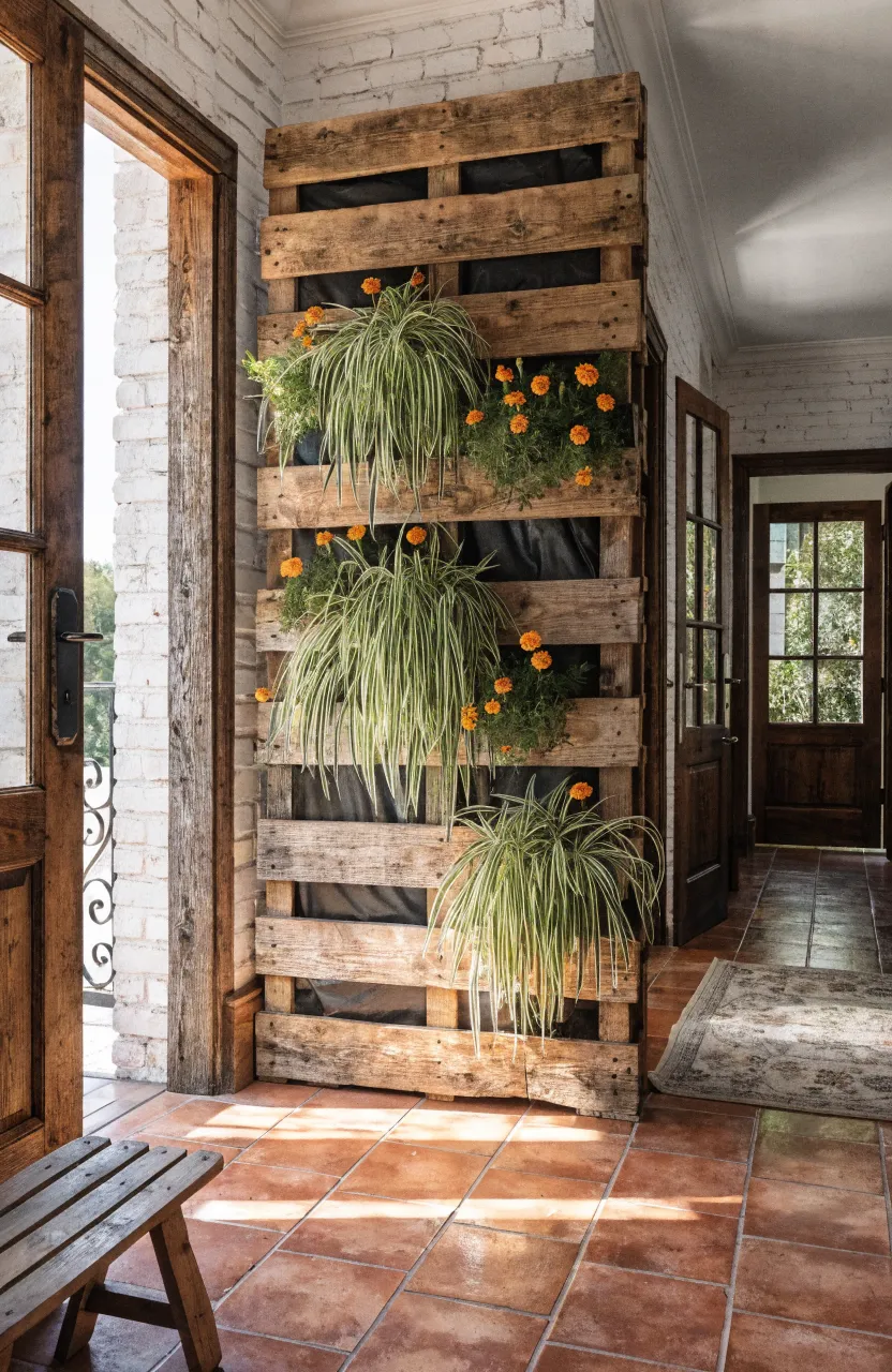 A rustic wooden pallet used as a vertical planter in a farmhouse entryway.