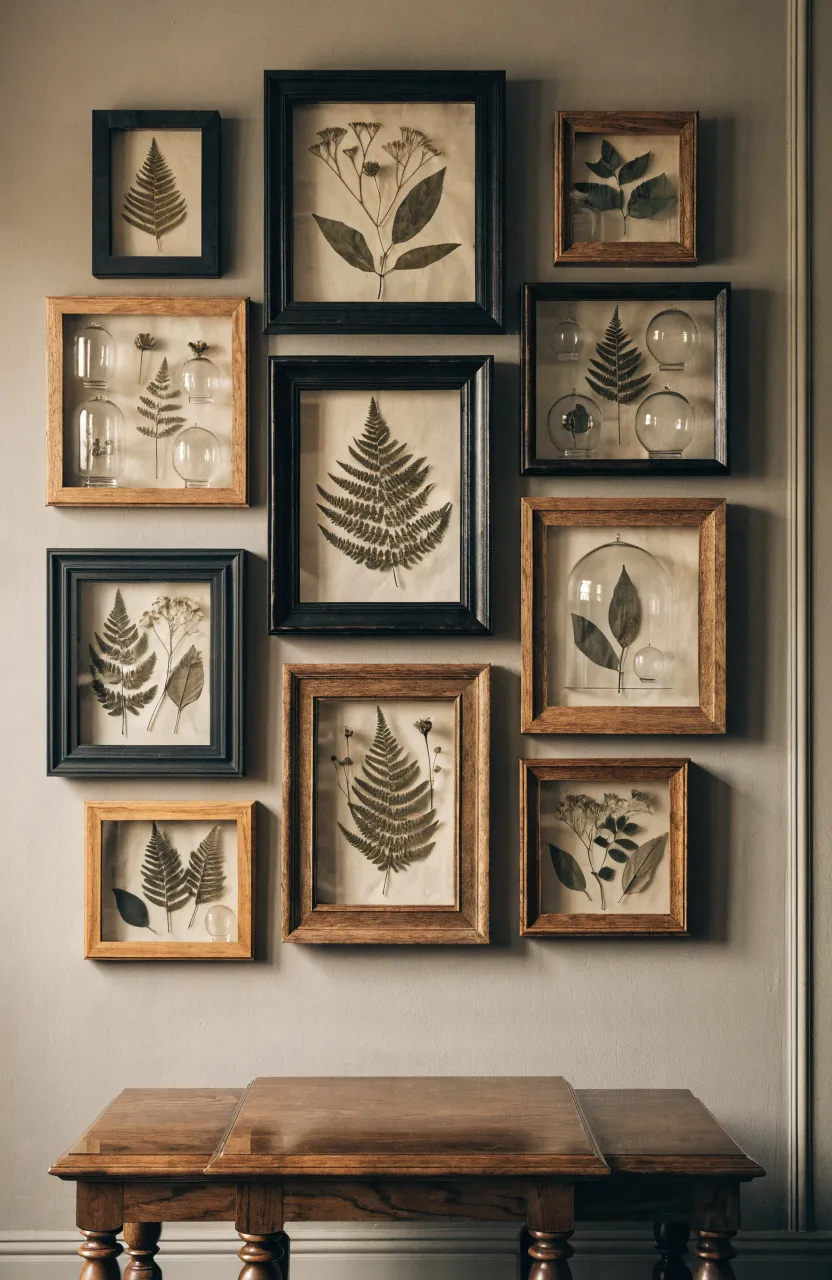 A gallery wall of shadow boxes containing pressed ferns and dried flowers.