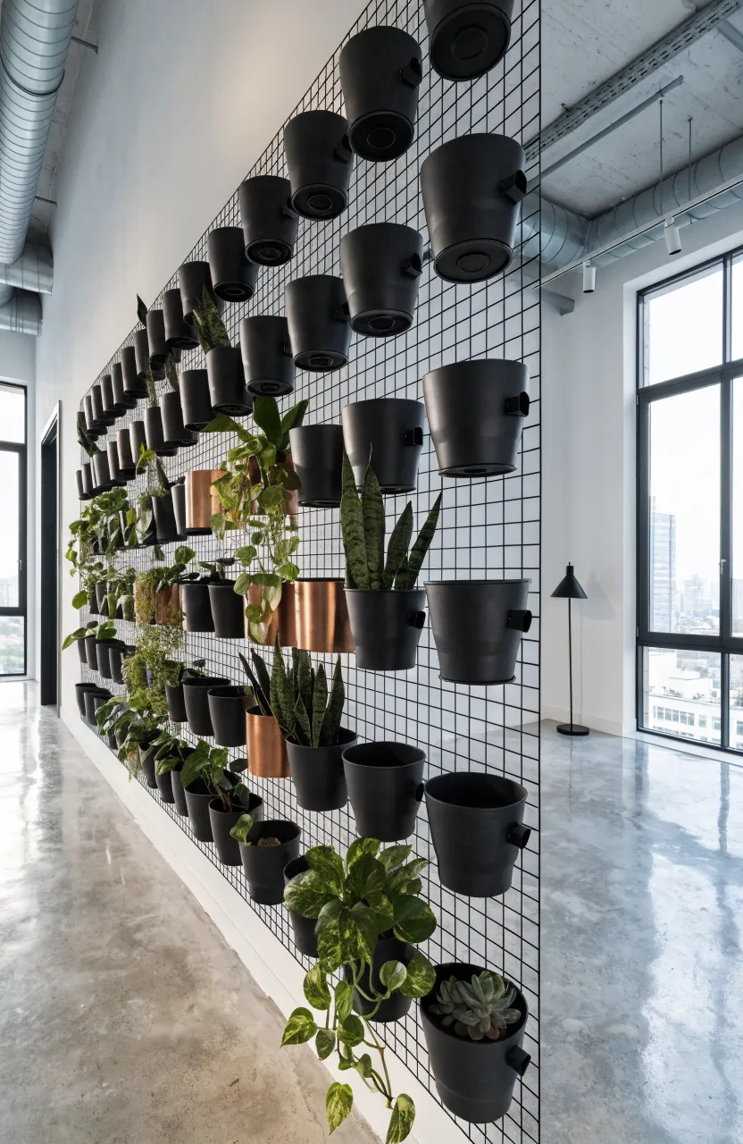 A black wire mesh wall panel with clip-on pots holding various indoor plants.