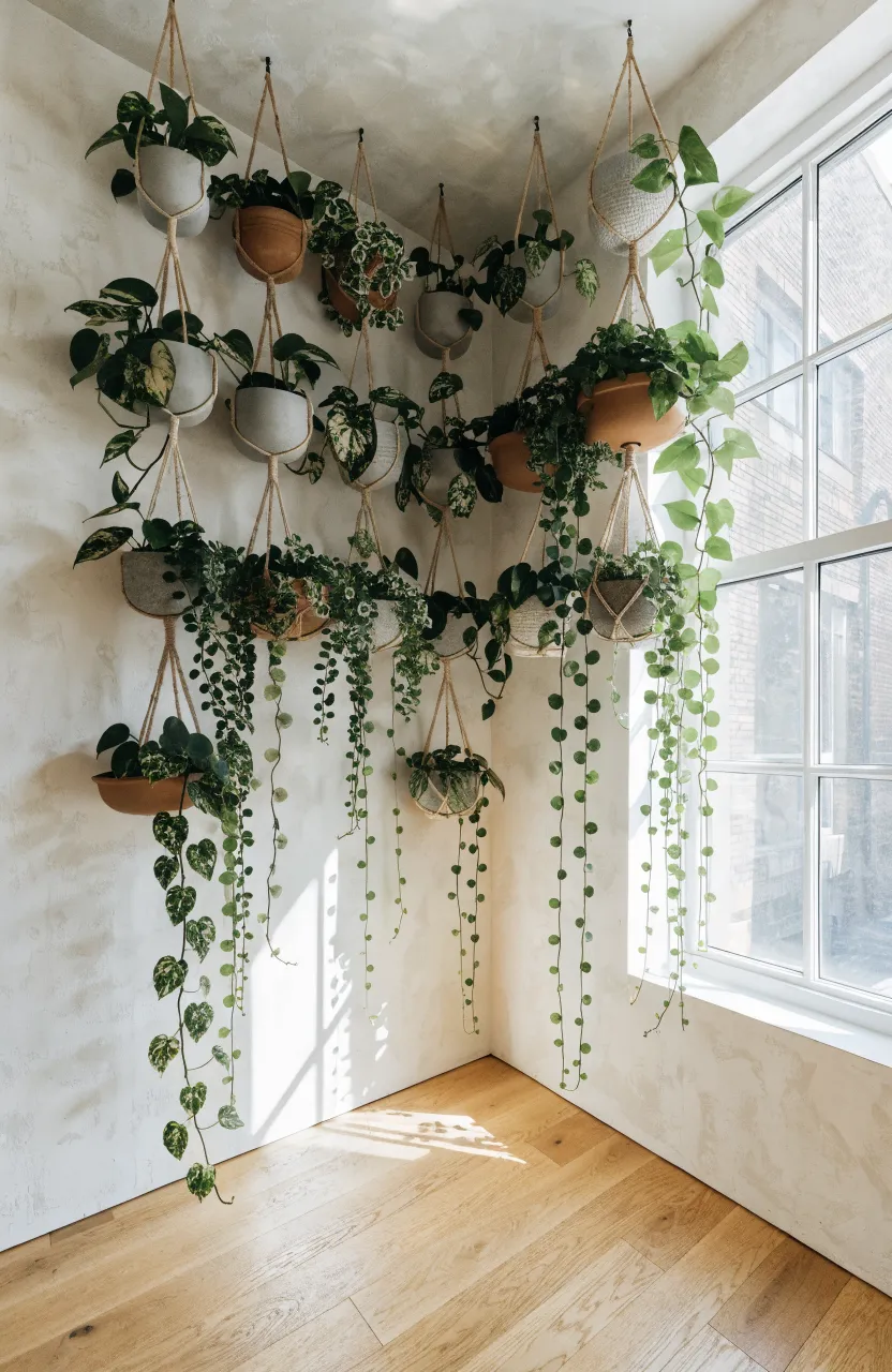 A lush corner plant display with cascading greenery in tiered hanging pots against a white wall.