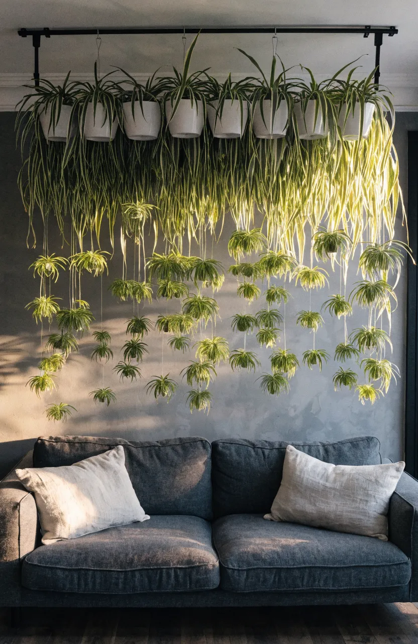 Spider plants hanging from a black ceiling rod above a modern sofa, creating a green accent wall.
