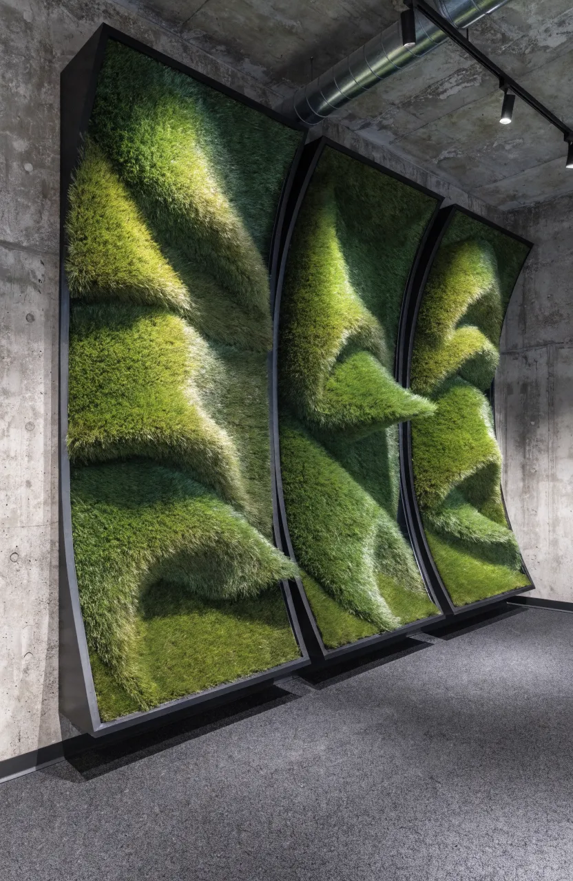 Large black-framed panels of textured artificial grass mounted on a modern concrete wall.