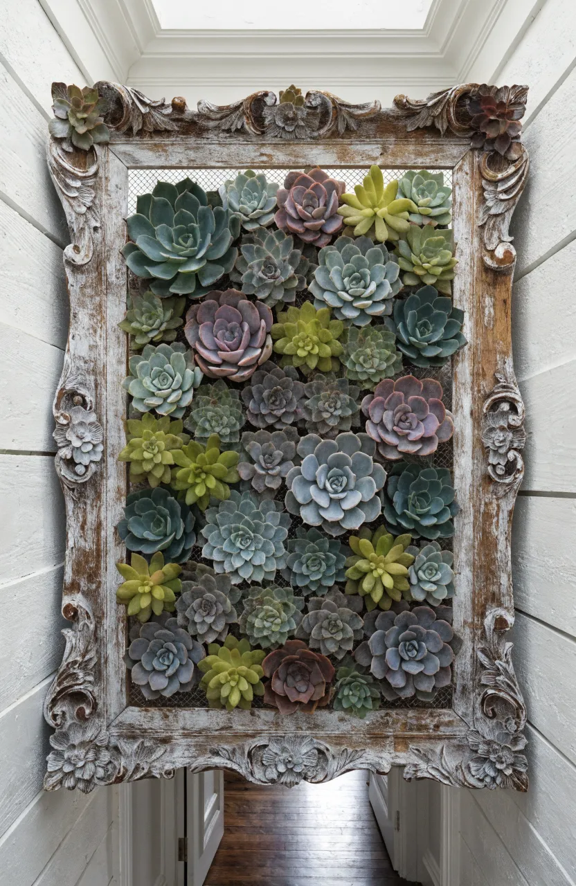 A wooden picture frame filled with a variety of colorful living succulents mounted on a white wall.