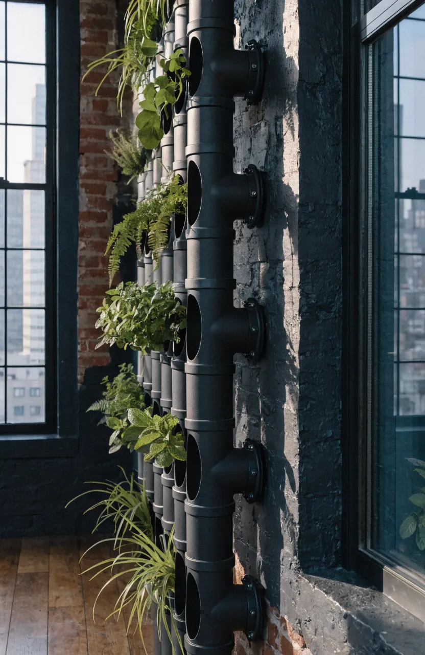 Matte charcoal PVC pipes used as vertical planters with various green plants on an industrial wall.