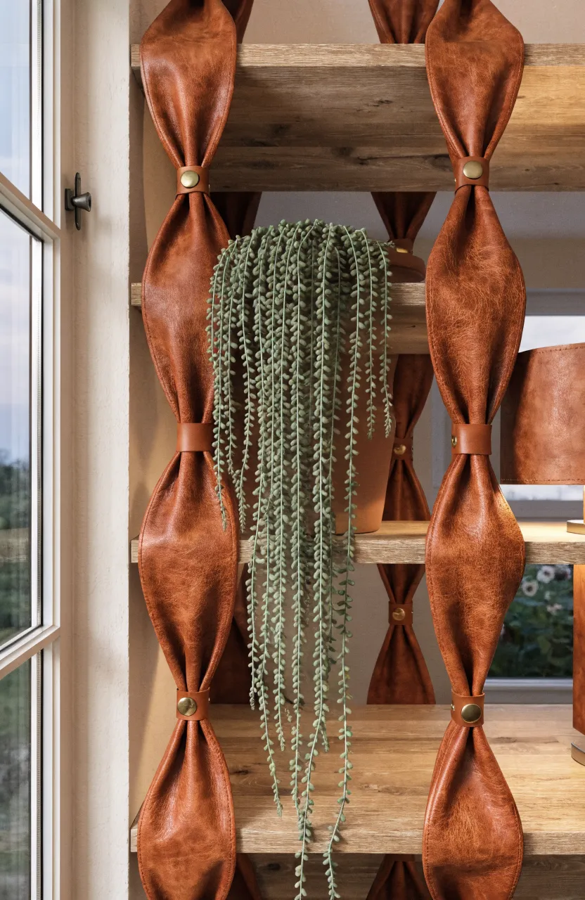 Wooden shelves with leather strap brackets featuring a trailing String of Pearls plant in a cozy room.