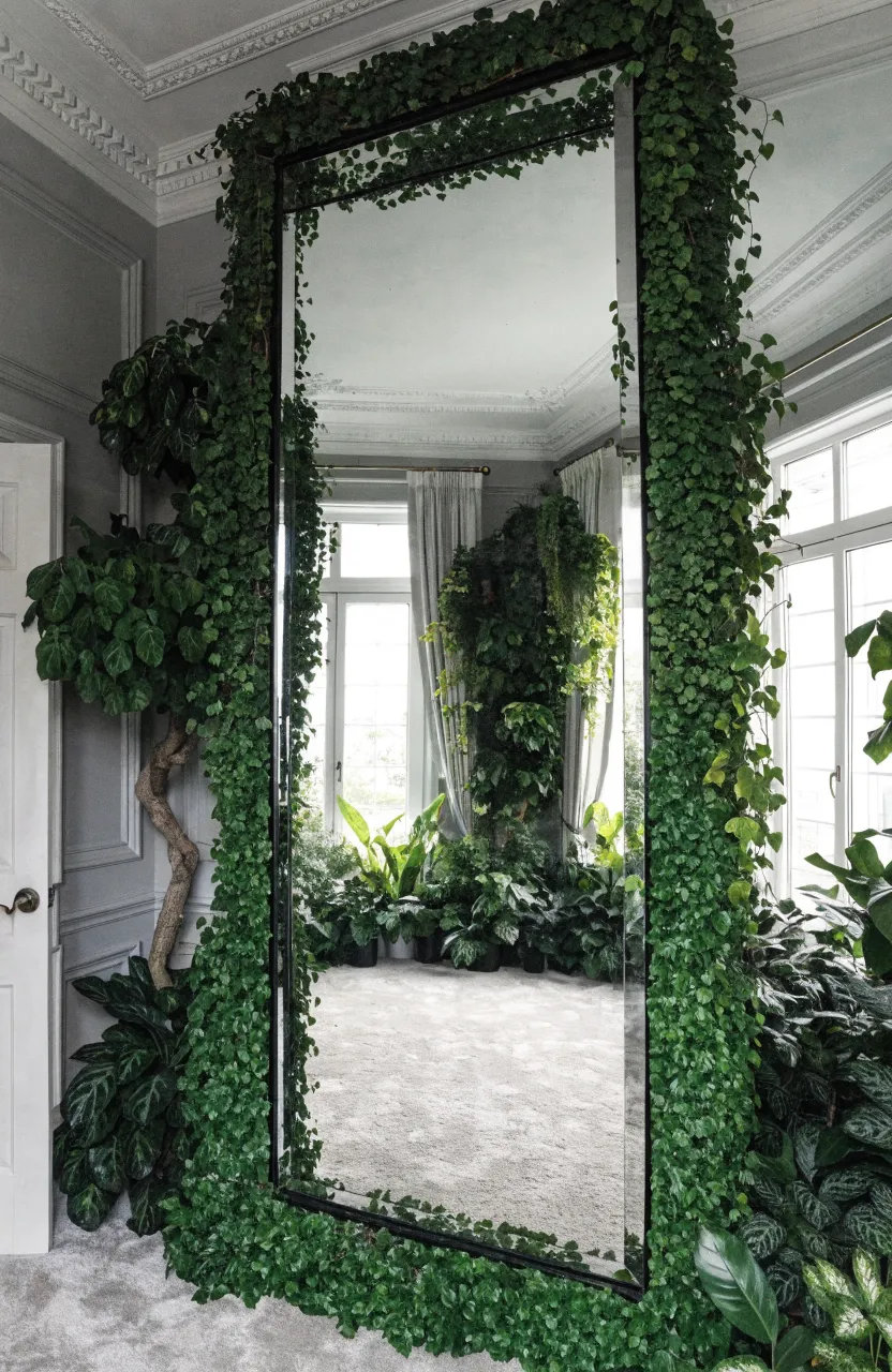 A large floor-to-ceiling mirror framed by climbing green Creeping Fig vines in a bright room.