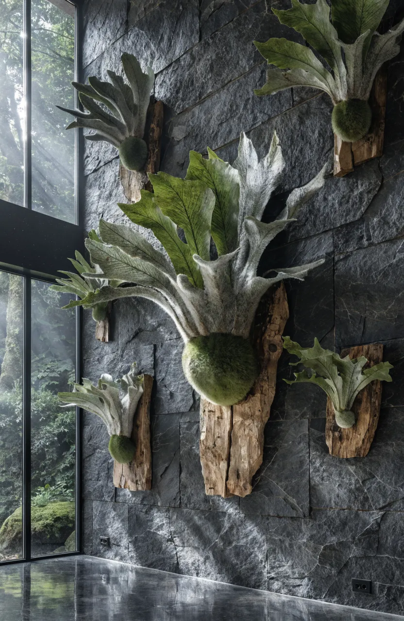 A dark grey slate accent wall featuring several mounted Staghorn ferns on wooden boards in a modern room.