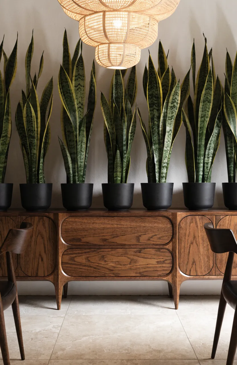 A long walnut sideboard in a dining room topped with a neat row of tall snake plants in black pots.
