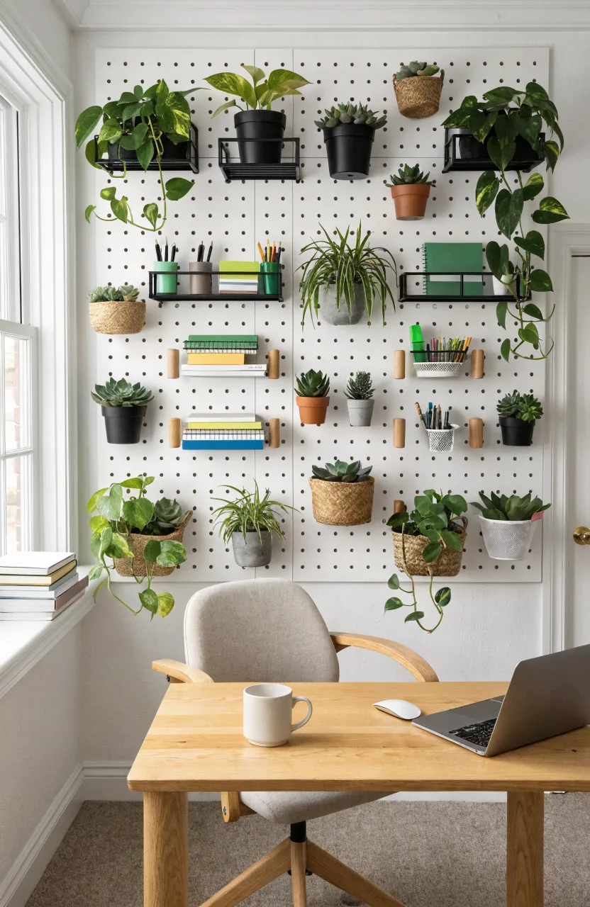 A white pegboard above a desk holding various small potted plants and office supplies in an organized layout.