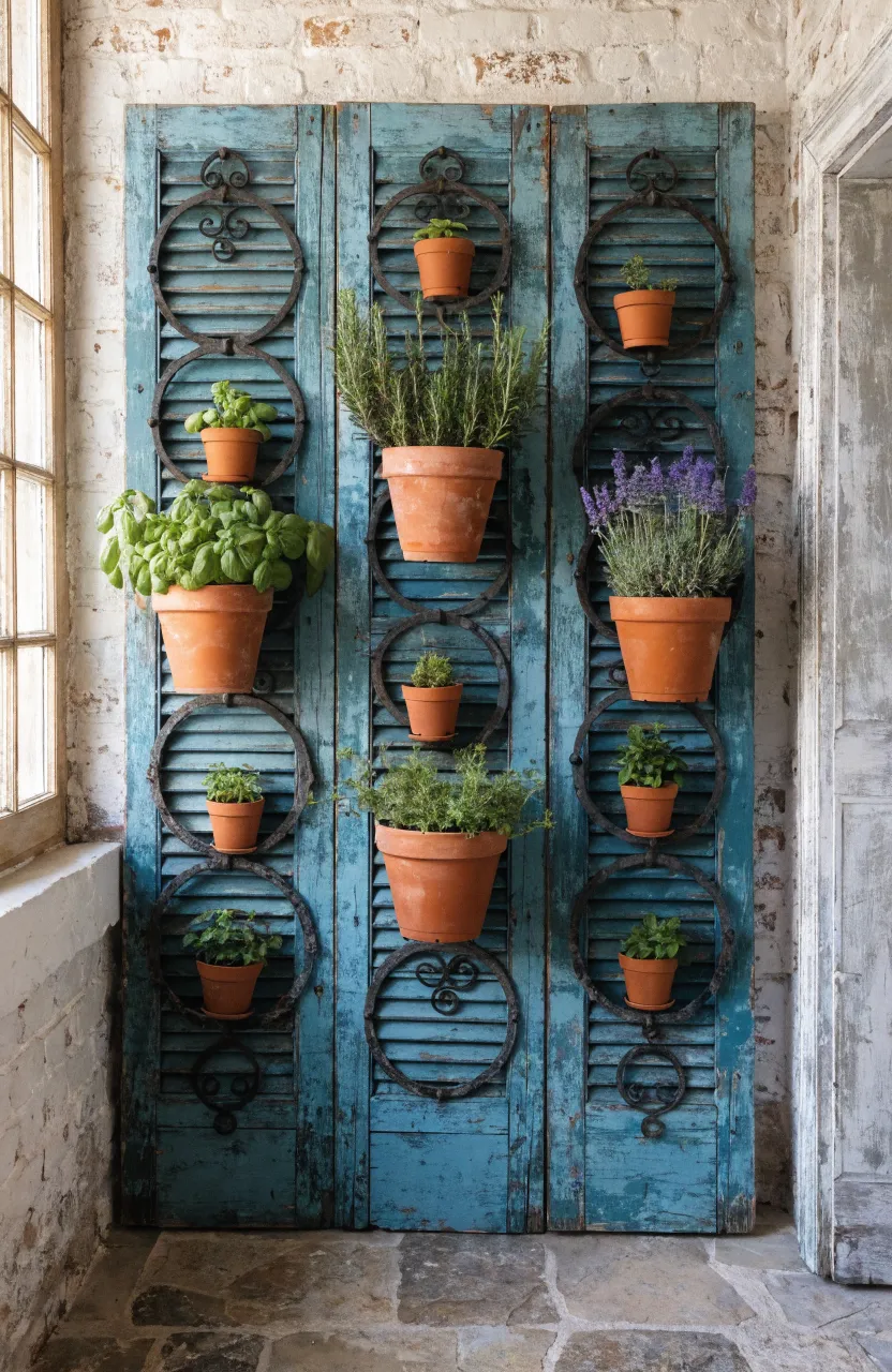 Three vintage teal shutters mounted on a brick wall holding terracotta pots of herbs in metal rings.