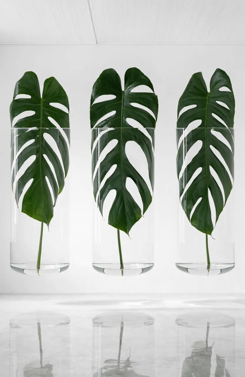 Three large green Monstera leaves in minimalist glass vases mounted on a clean white wall.