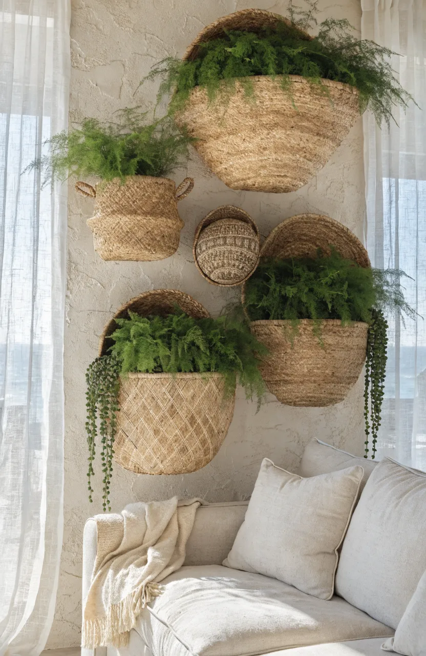 A collection of woven seagrass baskets mounted on a beige wall, used as planters for soft green ferns.