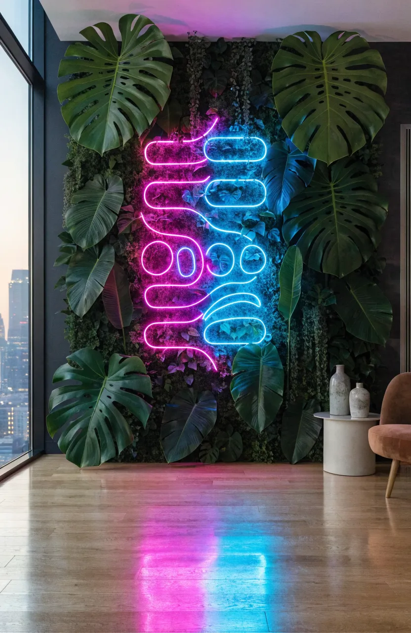 A lush faux tropical plant wall featuring a glowing pink neon sign in a modern room.
