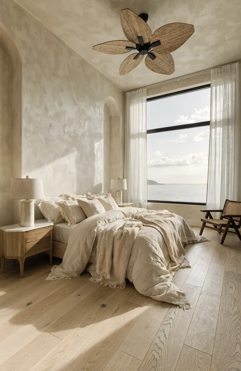 A full view of a warm beige bedroom featuring cream linen bedding with organic frayed edges on a large bed.