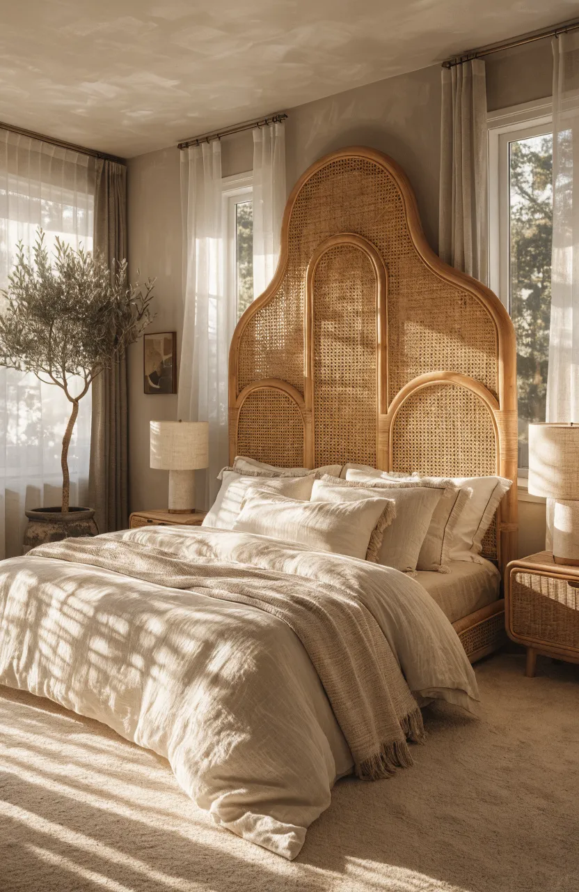 A wide shot of a bedroom featuring a honey-toned rattan headboard against a warm beige wall.