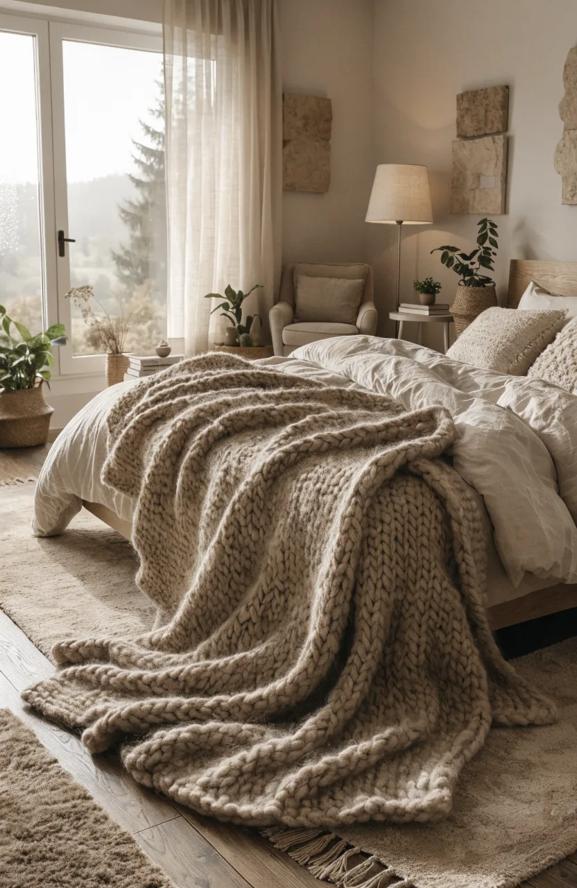 A thick oatmeal-colored wool throw blanket draped over a bed in a fully decorated warm beige bedroom.