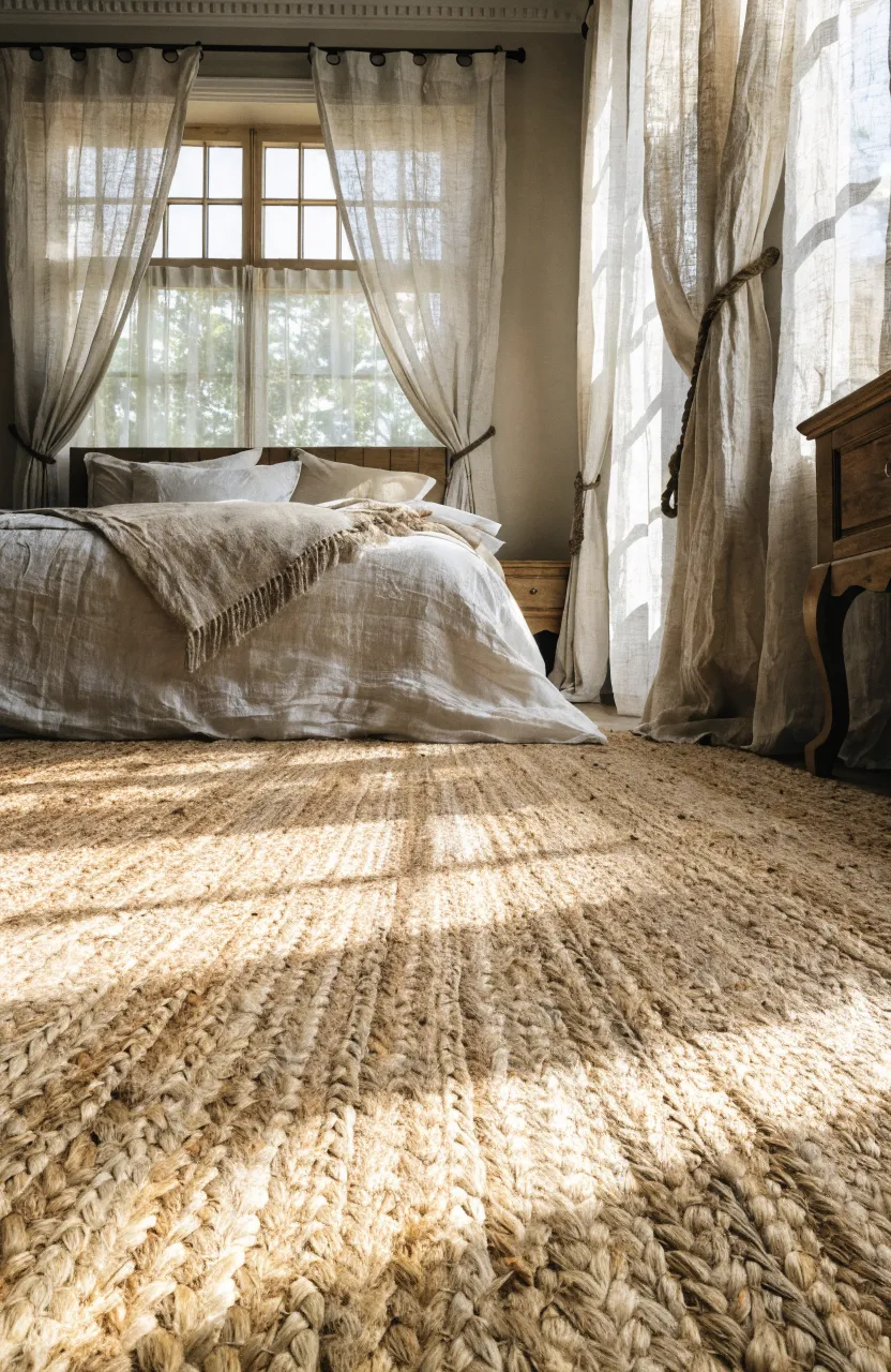 A large woven jute area rug on the floor of a cozy, warm-toned beige bedroom.