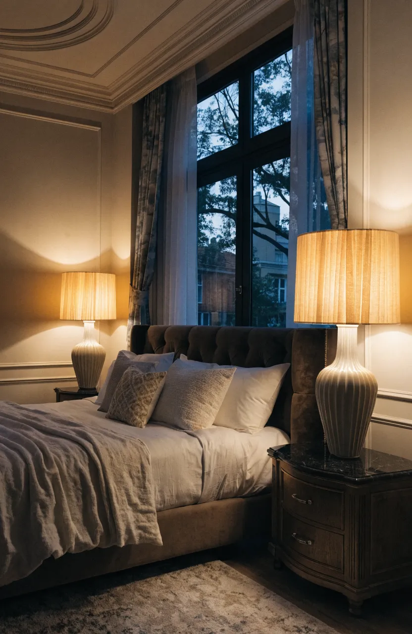 A warm beige bedroom illuminated by the soft golden glow of two pleated table lamps.
