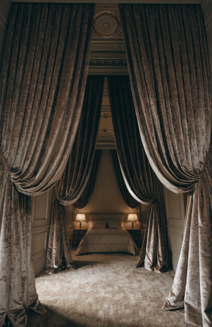 Elegant taupe velvet blackout curtains hanging in a spacious, warm beige bedroom.