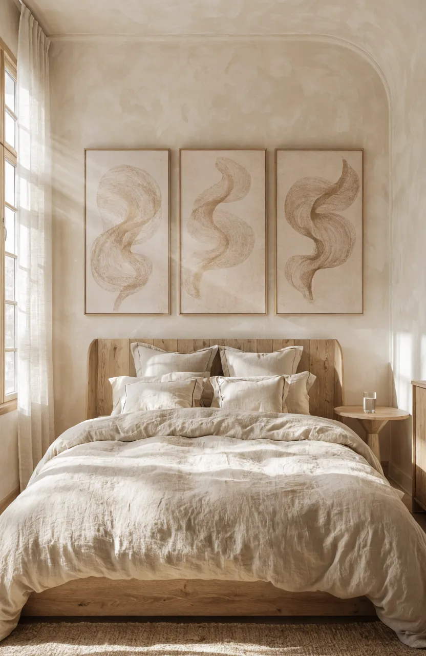 A serene beige bedroom featuring minimalist sand-toned line art in light wood frames above the bed.