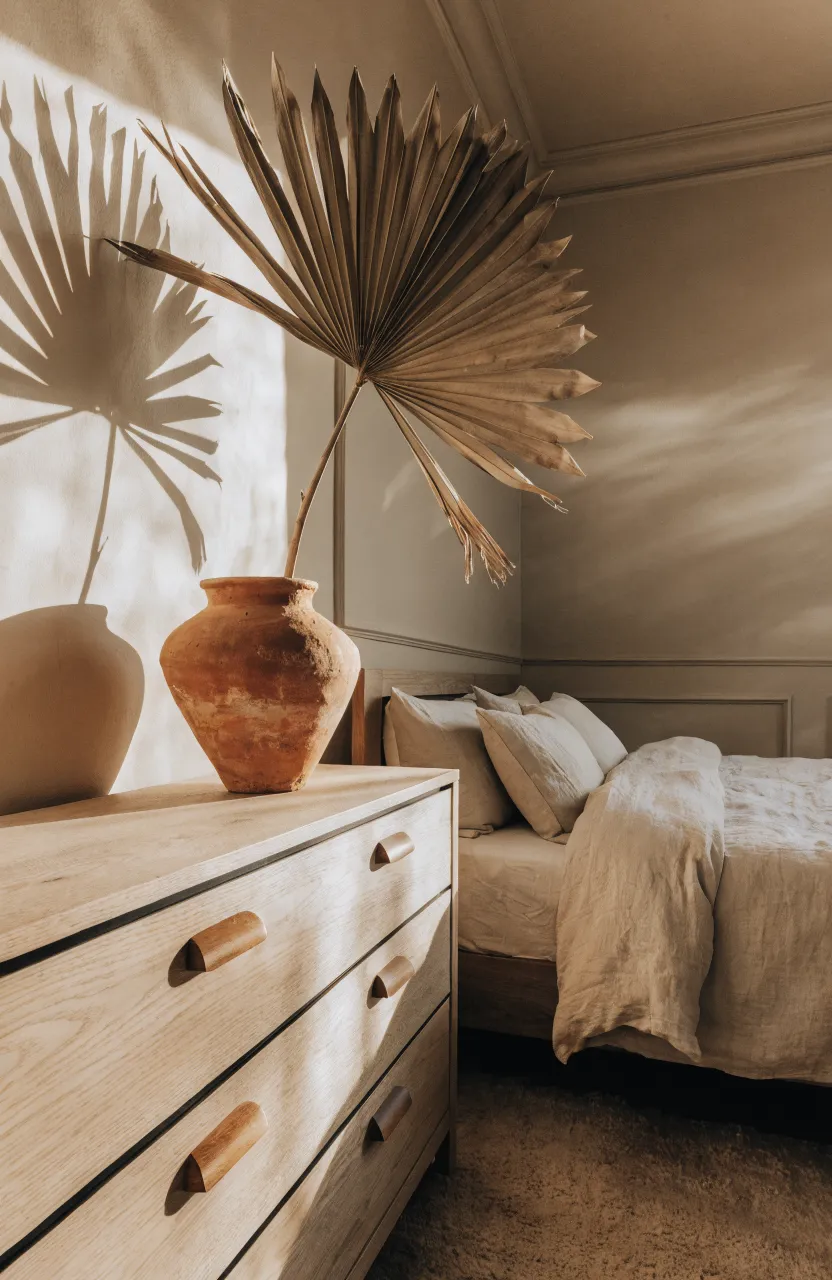 A terracotta pot with a dried palm leaf on a wooden dresser in a warm beige bedroom.