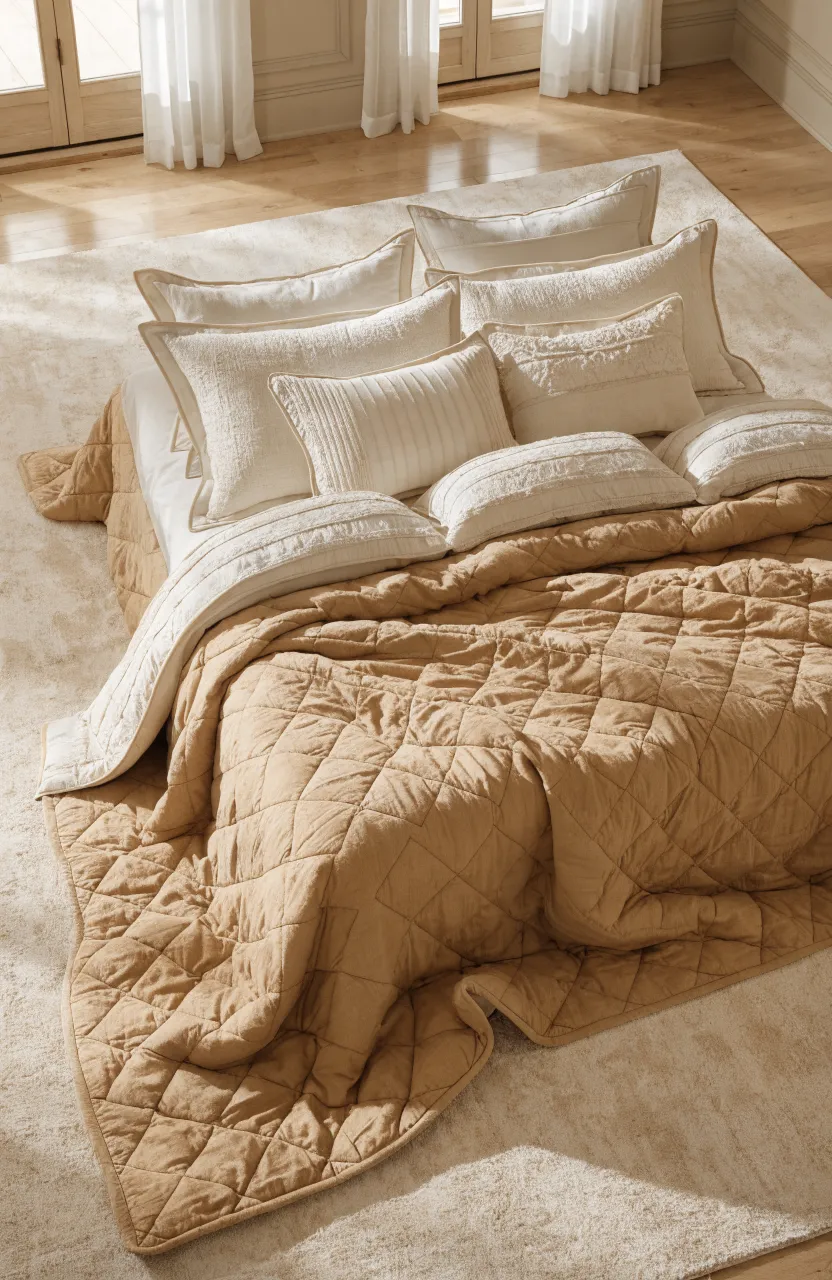 A bed with a soft tan quilted bedspread in a bright, warm beige bedroom setting.