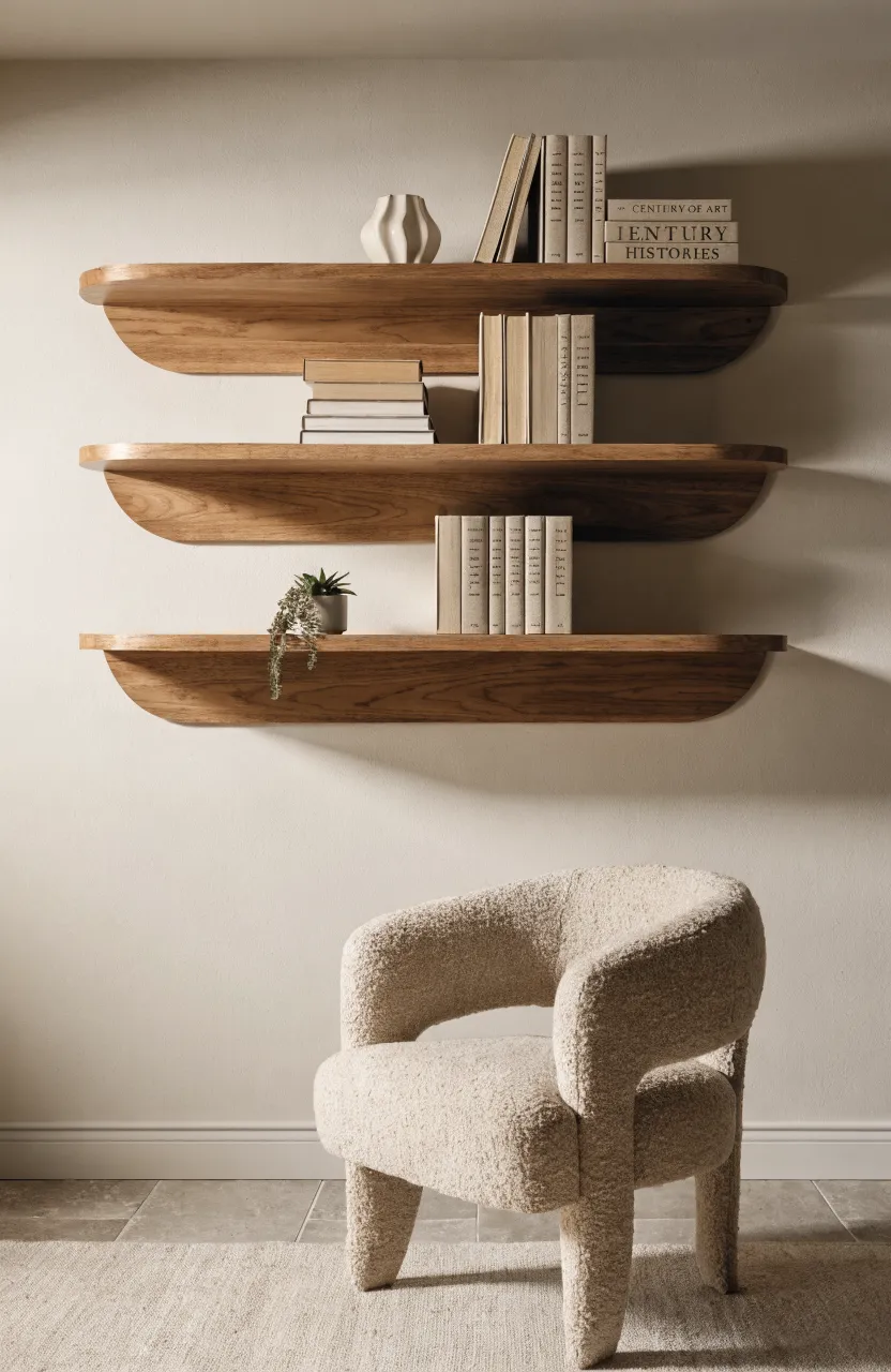 Light walnut floating shelves with neutral books on a warm beige bedroom wall.