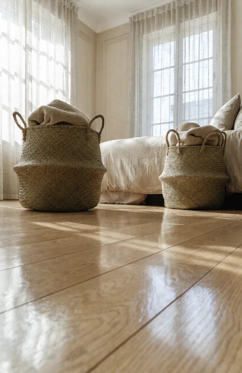 Woven seagrass storage baskets on the floor of a tidy, warm beige bedroom.