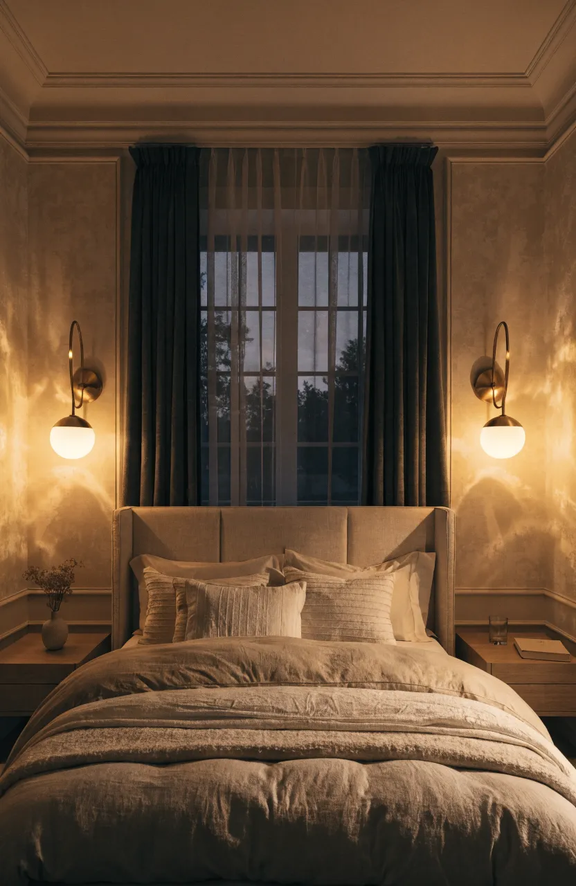 Brass wall sconces with warm yellow light illuminating a cozy beige bedroom at night.