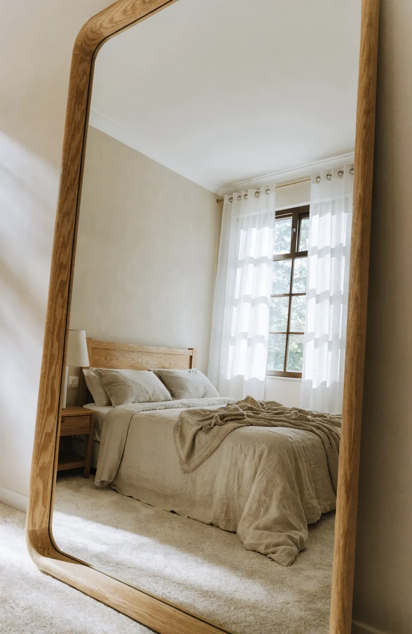 A large floor mirror with a light wood frame leaning against a wall in a bright beige bedroom.