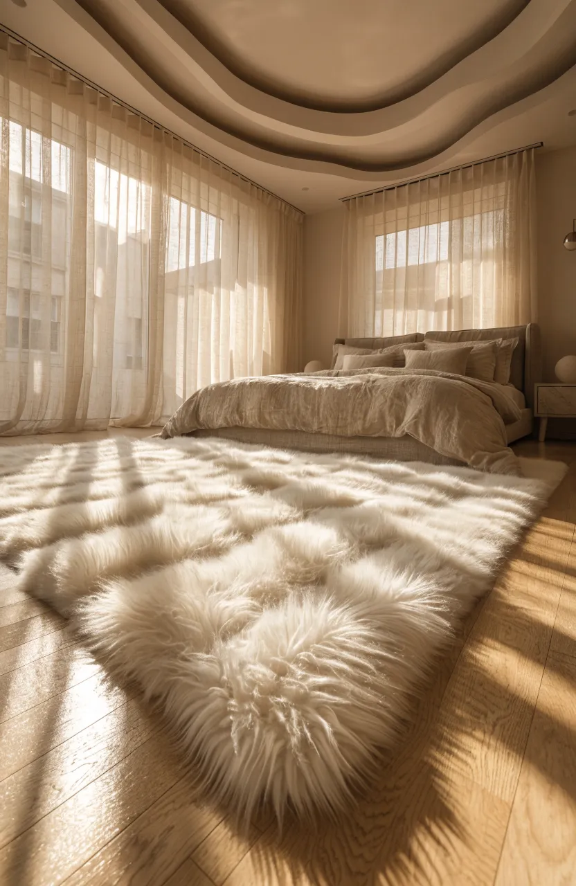 A plush off-white faux fur rug on hardwood floors in a sunlit warm beige bedroom.