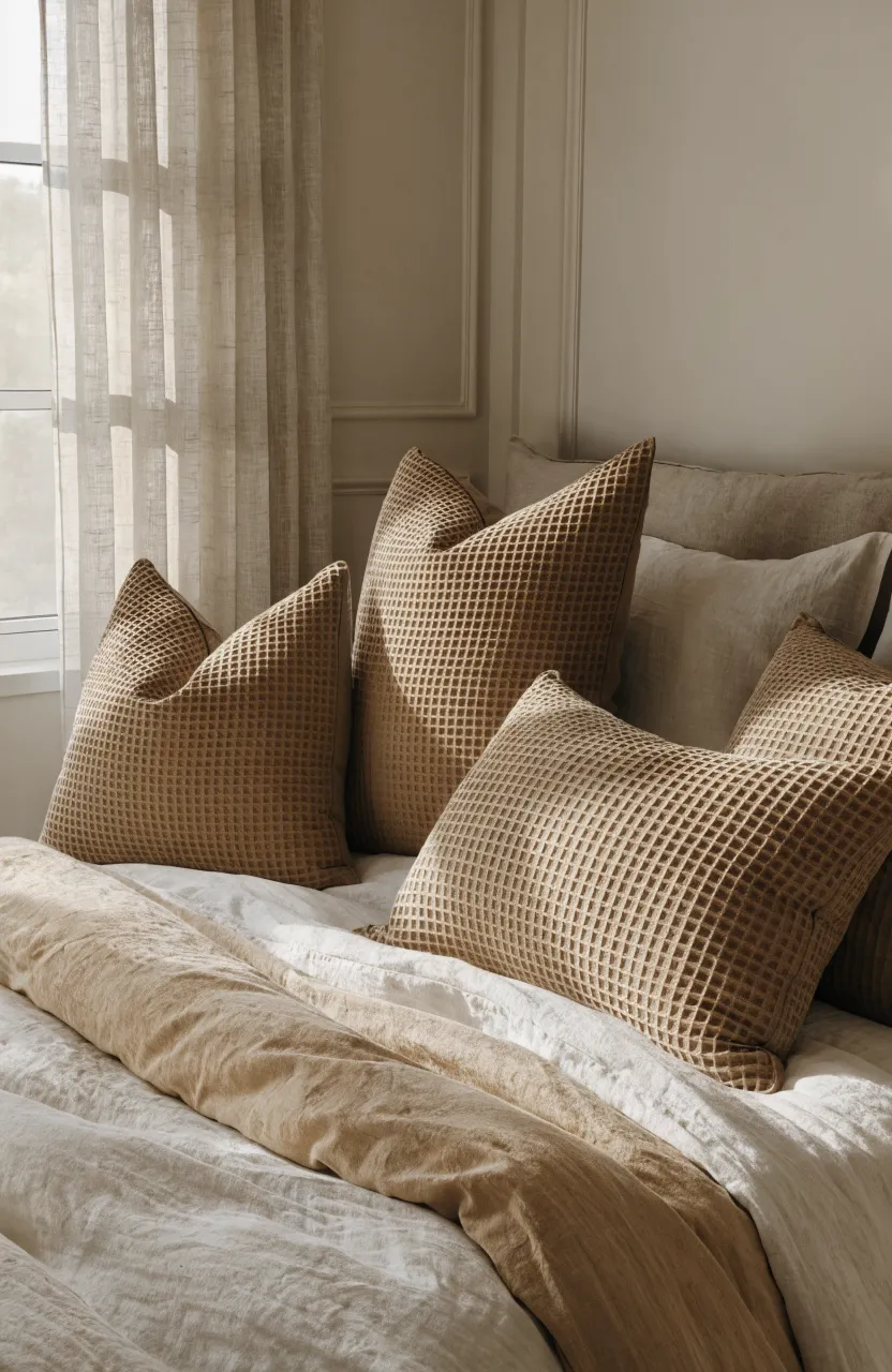 Camel-colored waffle weave pillows arranged on a bed in a tonal beige bedroom.