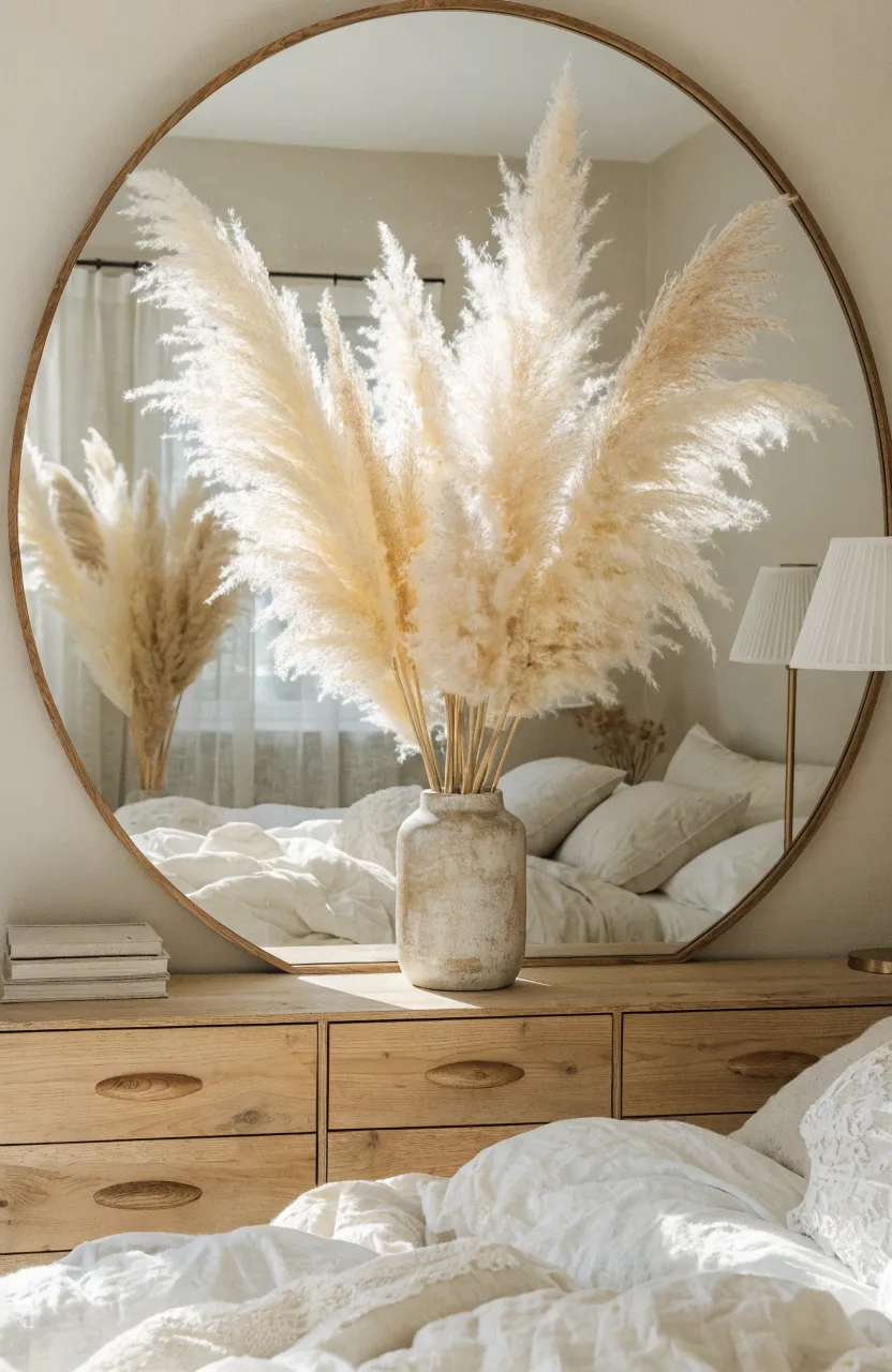 Cream pampas grass in a ceramic vase on a dresser in a warm beige bedroom.