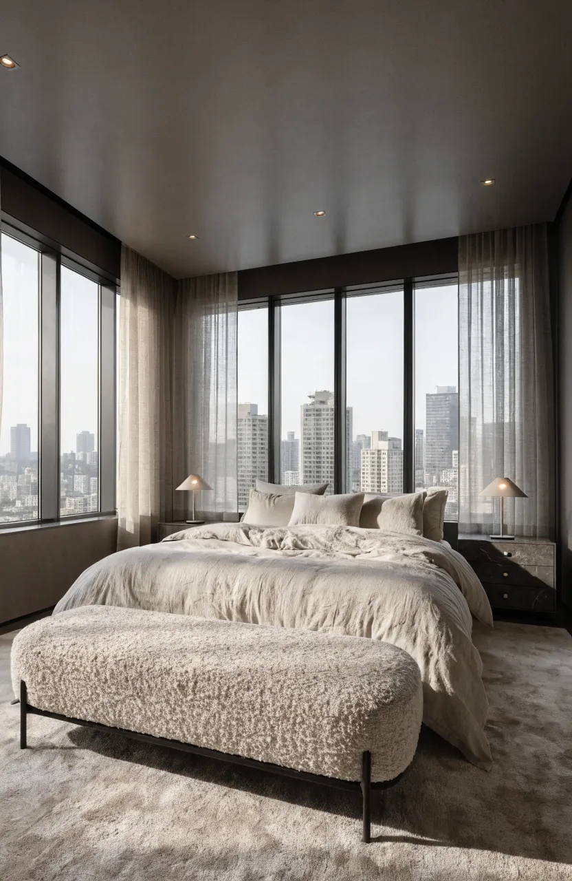 An upholstered beige bouclé bench at the foot of a bed in a modern neutral bedroom.