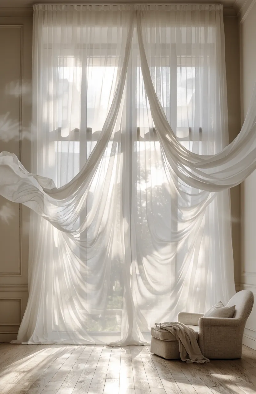 Sheer white voile curtains filtering soft sunlight into a peaceful beige bedroom.