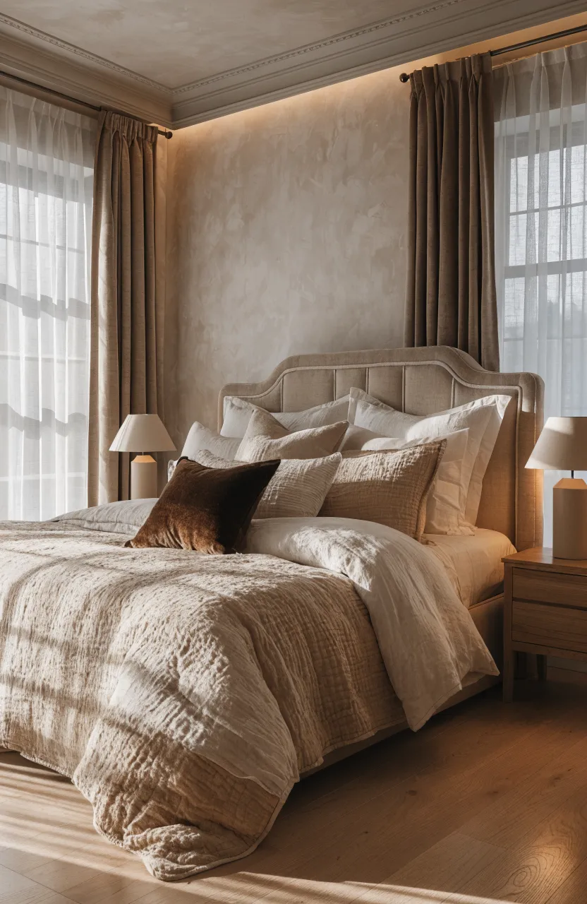 A dark chocolate brown pillow providing contrast on a bed with beige and cream linens.