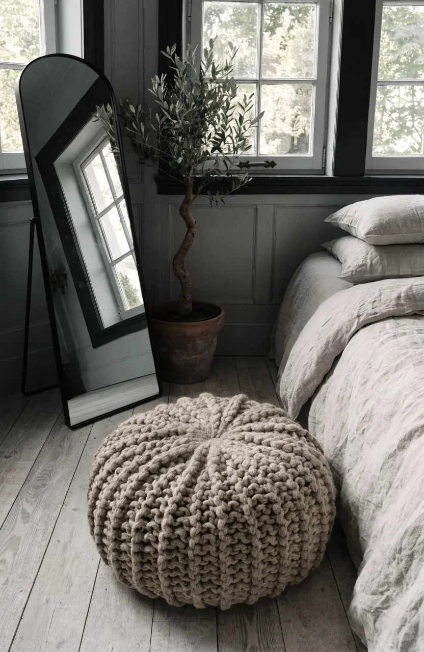 A chunky stone-colored knitted pouf in the corner of a warm beige bedroom.